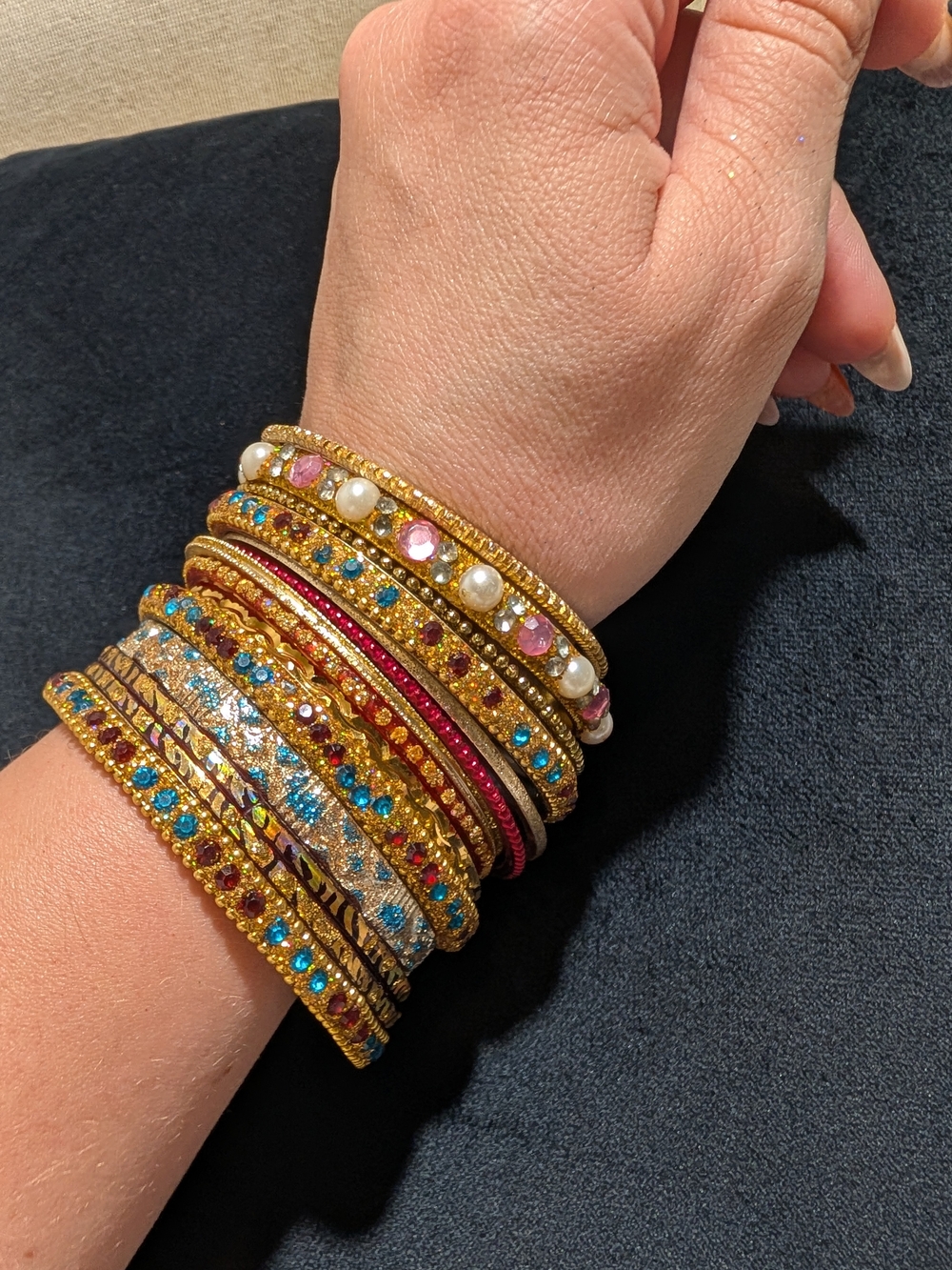 Gold Tone Multicolor Crystal Stackable Bangle Bracelet 15 Pcs Set No Clasp